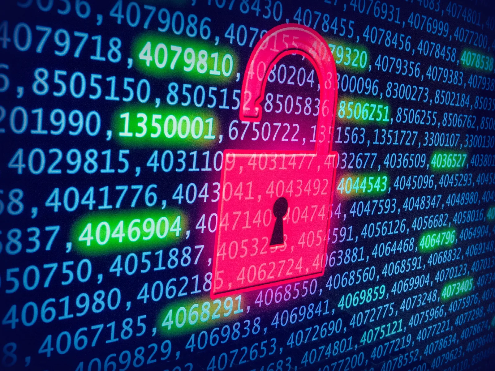 Gembok merah terbuka di atas deretan angka data pada layar